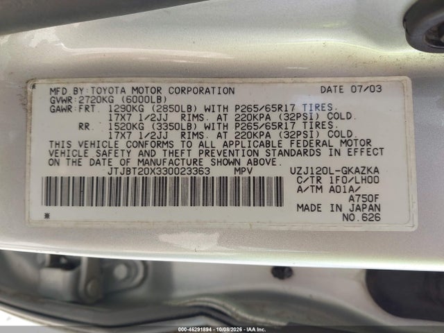 Auction sale of the 2003 Lexus Gx 470, vin: JTJBT20X330023363, lot number: 46291894