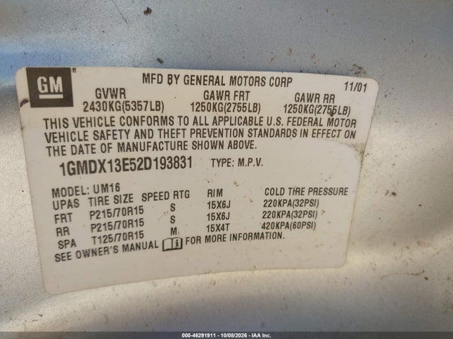 Продаж на аукціоні авто 2002 Pontiac Montana M16 W/1se Pkg., vin: 1GMDX13E52D193831, номер лоту: 46291911