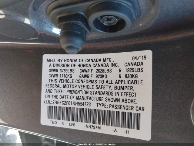 Aukcja sprzedaży 2019 Honda Civic Lx, vin: 2HGFC2F61KH554723, numer aukcji: 46291931
