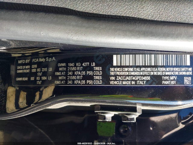 2016 Jeep Renegade Latitude მანქანა იყიდება აუქციონზე, vin: ZACCJABT4GPD34656, აუქციონის ნომერი: 46291932