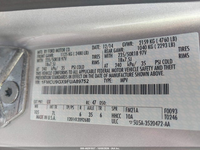 Продажа на аукционе авто 2015 Ford Escape Se, vin: 1FMCU9GX9FUA89752, номер лота: 46291937