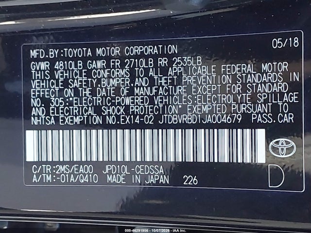 2018 Toyota Mirai მანქანა იყიდება აუქციონზე, vin: JTDBVRBD1JA004679, აუქციონის ნომერი: 46291956