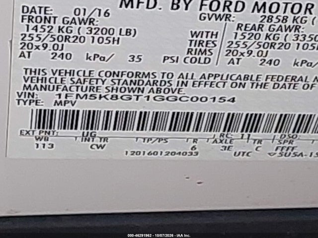 Продажа на аукционе авто 2016 Ford Explorer Sport, vin: 1FM5K8GT1GGC00154, номер лота: 46291962