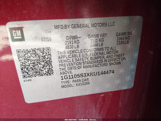 Aukcja sprzedaży 2019 Chevrolet Impala Premier, vin: 1G1105S3XKU144474, numer aukcji: 46291984