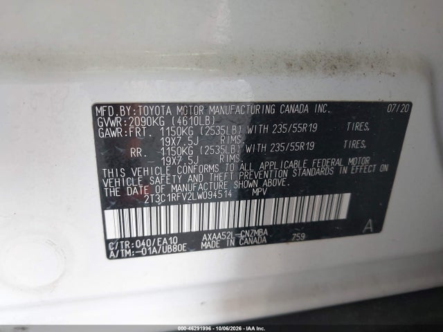 Продаж на аукціоні авто 2020 Toyota Rav4 Xle Premium, vin: 2T3C1RFV2LW094514, номер лоту: 46291996