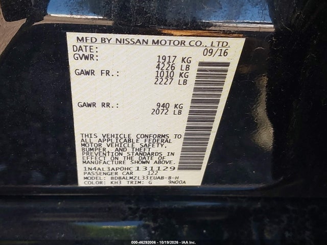 46292006 :رقم المزاد ، 1N4AL3AP0HC131129 vin ، 2017 Nissan Altima 2.5 Sv مزاد بيع