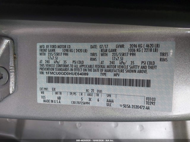 Продажа на аукционе авто 2017 Ford Escape Se, vin: 1FMCU0GD0HUE64089, номер лота: 46292020