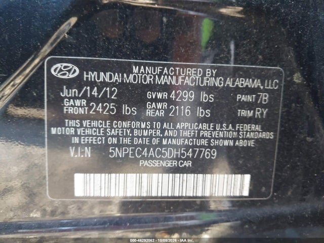 Продаж на аукціоні авто 2013 Hyundai Sonata Se, vin: 5NPEC4AC5DH547769, номер лоту: 46292062
