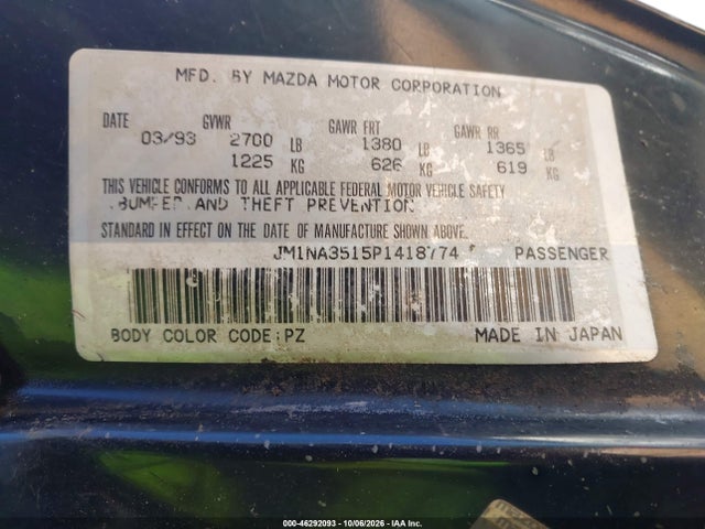 1993 Mazda Mx-5 Miata მანქანა იყიდება აუქციონზე, vin: JM1NA3515P1418774, აუქციონის ნომერი: 46292093