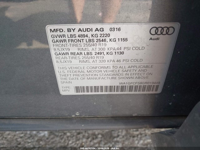 2016 Audi Q3 2.0t Premium Plus მანქანა იყიდება აუქციონზე, vin: WA1GFCFS8GR019449, აუქციონის ნომერი: 46292104