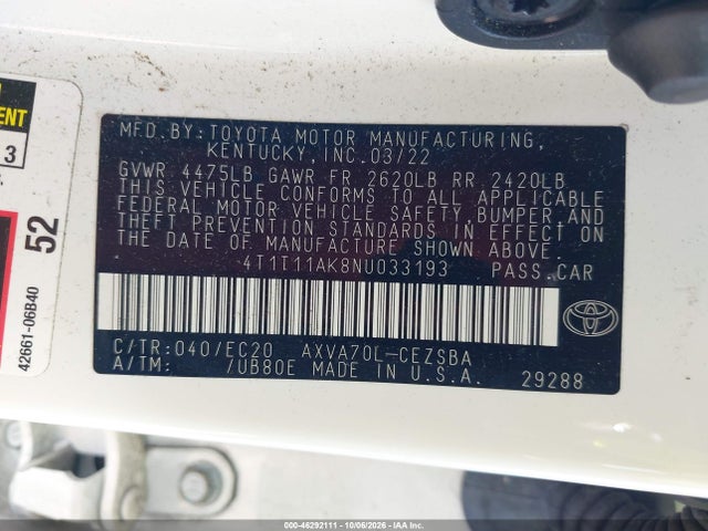 Aukcja sprzedaży 2022 Toyota Camry Se Nightshade Edition, vin: 4T1T11AK8NU033193, numer aukcji: 46292111