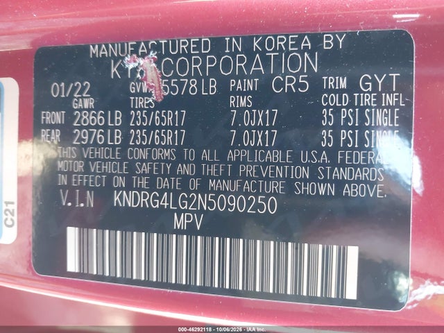 2022 Kia Sorento Hybrid S მანქანა იყიდება აუქციონზე, vin: KNDRG4LG2N5090250, აუქციონის ნომერი: 46292118