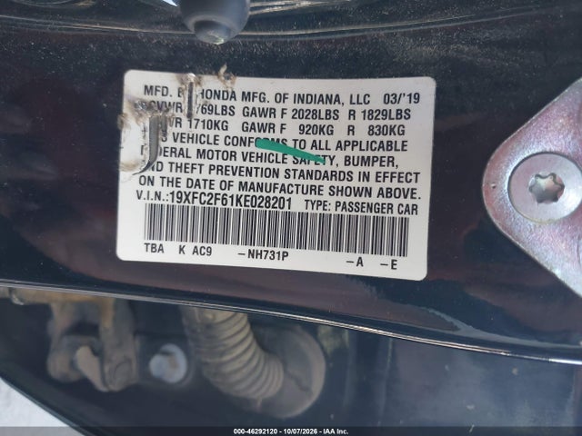 Honda Civic Lx 2019 19XFC2F61KE028201 Image 9