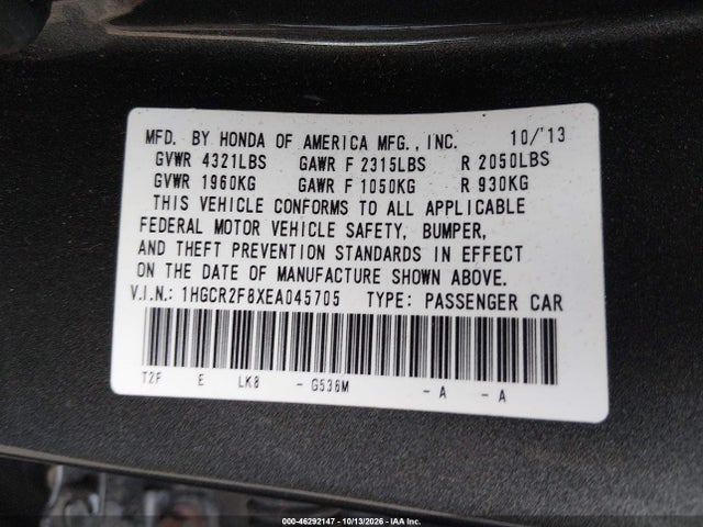 2014 Honda Accord Ex-l მანქანა იყიდება აუქციონზე, vin: 1HGCR2F8XEA045705, აუქციონის ნომერი: 46292147