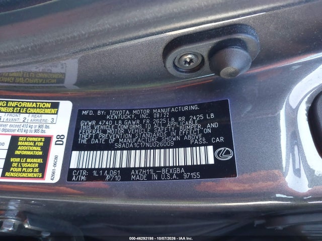 Продаж на аукціоні авто 2022 Lexus Es 300h, vin: 58ADA1C17NU026009, номер лоту: 46292198