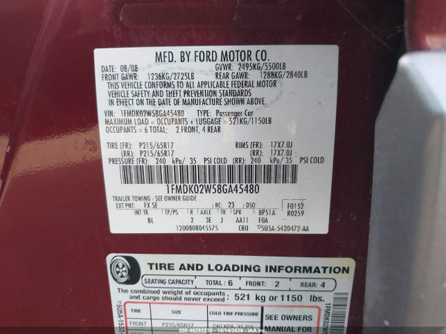 Продажа на аукционе авто 2008 Ford Taurus X Sel, vin: 1FMDK02W58GA45480, номер лота: 46292230