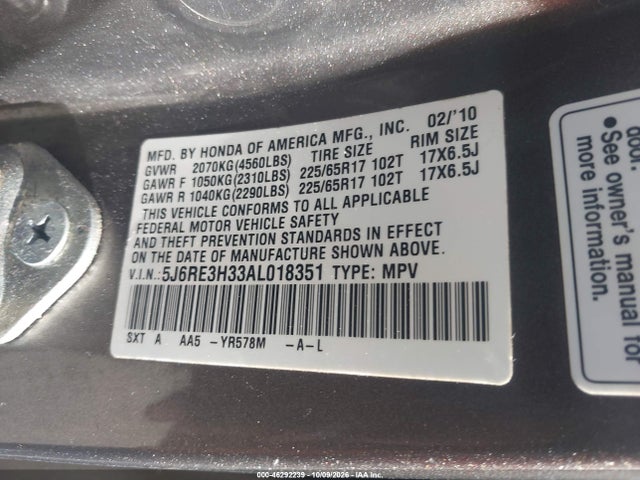46292239 :رقم المزاد ، 5J6RE3H33AL018351 vin ، 2010 Honda Cr-v Lx مزاد بيع