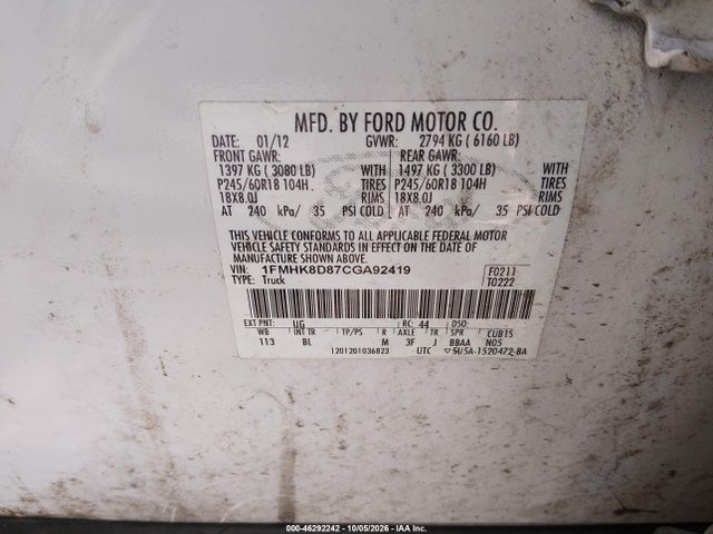 Aukcja sprzedaży 2012 Ford Explorer Xlt, vin: 1FMHK8D87CGA92419, numer aukcji: 46292242