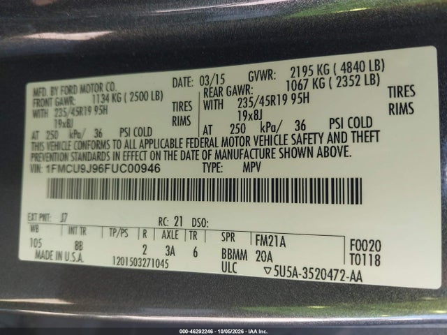 46292246 :رقم المزاد ، 1FMCU9J96FUC00946 vin ، 2015 Ford Escape Titanium مزاد بيع