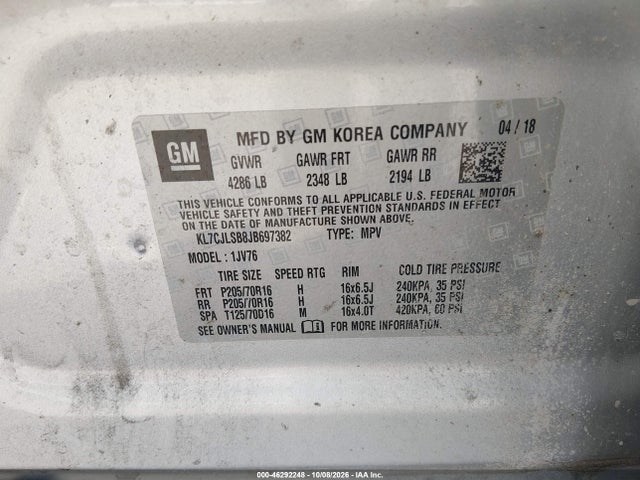 Aukcja sprzedaży 2018 Chevrolet Trax Lt, vin: KL7CJLSB8JB697382, numer aukcji: 46292248