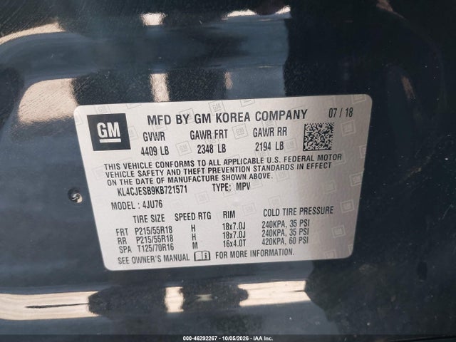 46292267 :رقم المزاد ، KL4CJESB9KB721571 vin ، 2019 Buick Encore Awd Preferred مزاد بيع