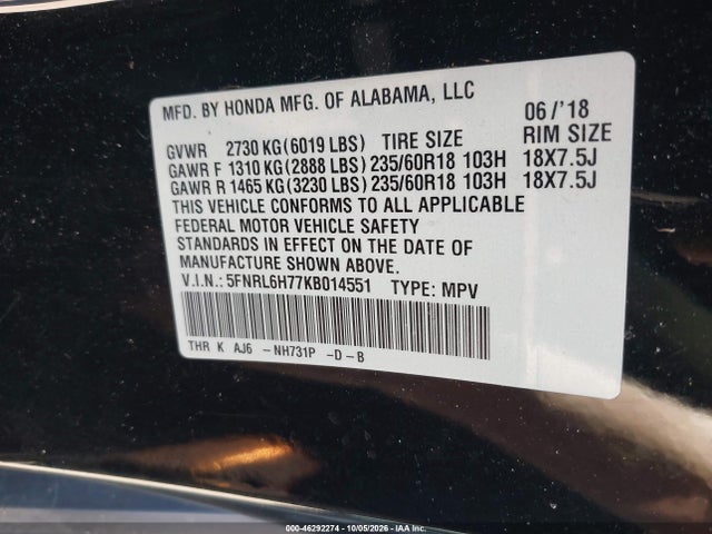 46292274 :رقم المزاد ، 5FNRL6H77KB014551 vin ، 2019 Honda Odyssey Ex-l مزاد بيع