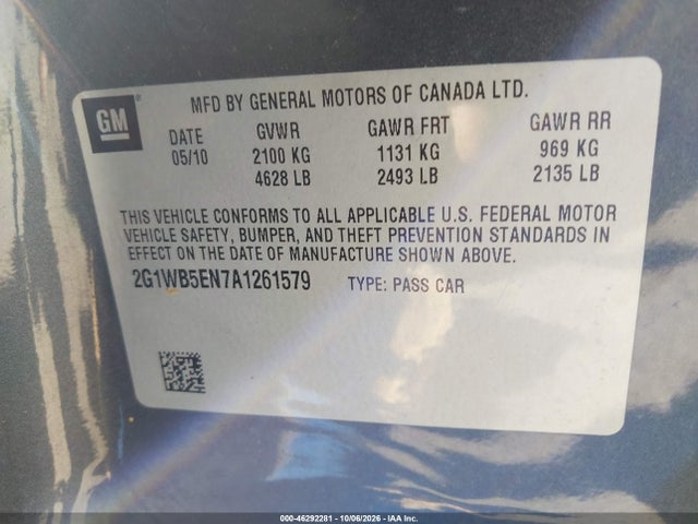 46292281 :رقم المزاد ، 2G1WB5EN7A1261579 vin ، 2010 Chevrolet Impala Lt مزاد بيع