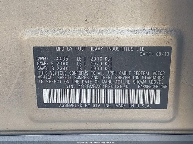 Aukcja sprzedaży 2014 Subaru Legacy 2.5i, vin: 4S3BMBA64E3013870, numer aukcji: 46292284