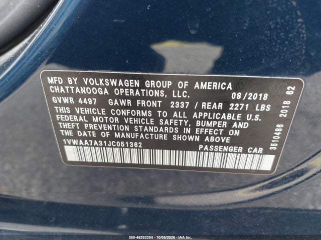 Aukcja sprzedaży 2018 Volkswagen Passat 2.0t R-line/2.0t S, vin: 1VWAA7A31JC051362, numer aukcji: 46292294