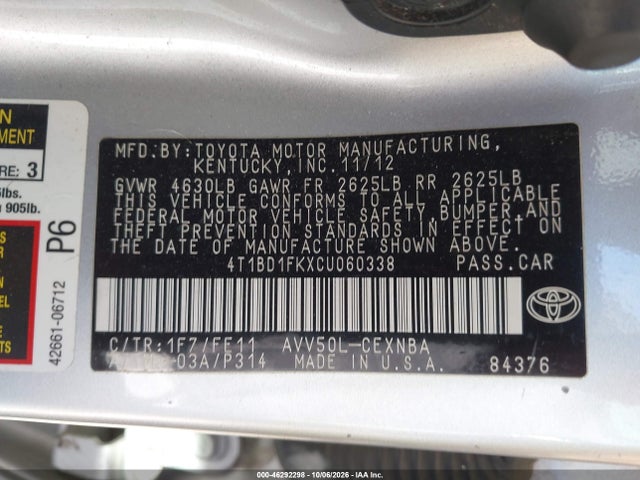 Aukcja sprzedaży 2012 Toyota Camry Hybrid Le, vin: 4T1BD1FKXCU060338, numer aukcji: 46292298