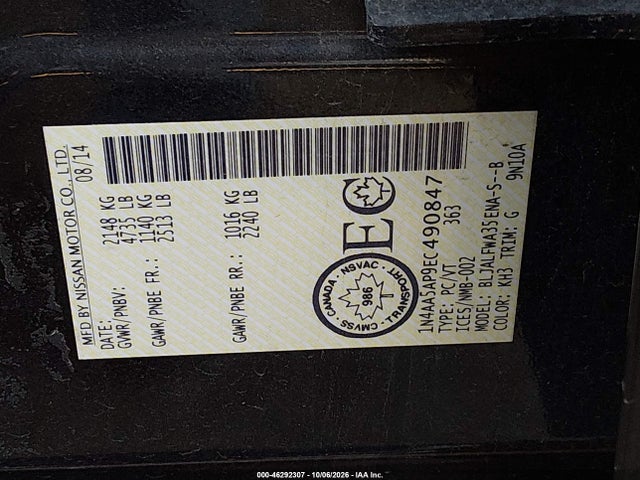 46292307 :رقم المزاد ، 1N4AA5AP9EC490847 vin ، 2014 Nissan Maxima 3.5 S/3.5 Sv مزاد بيع