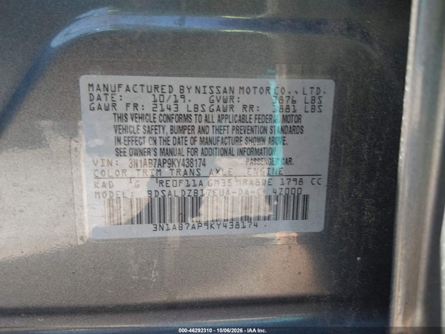 46292310 :رقم المزاد ، 3N1AB7AP9KY438174 vin ، 2019 Nissan Sentra Sv مزاد بيع