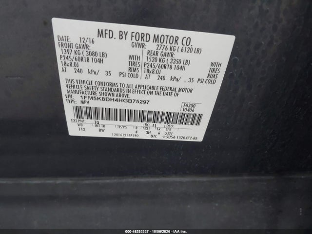 2017 Ford Explorer Xlt მანქანა იყიდება აუქციონზე, vin: 1FM5K8DH4HGB75297, აუქციონის ნომერი: 46292327