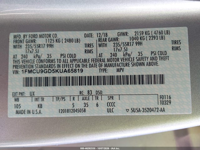 Продажа на аукционе авто 2019 Ford Escape Se, vin: 1FMCU9GD5KUA65819, номер лота: 46292335
