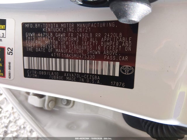2021 Toyota Camry Xle მანქანა იყიდება აუქციონზე, vin: 4T1F11AK5MU475330, აუქციონის ნომერი: 46292364
