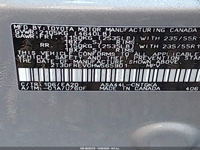 46292376 :رقم المزاد ، 2T3DFREV0HW565901 vin ، 2017 Toyota Rav4 Platinum مزاد بيع
