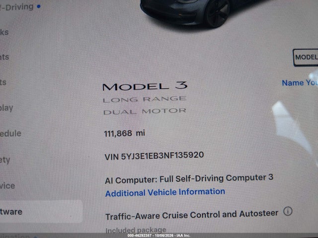 5YJ3E1EB3NF135920 Tesla Model 3 Long Range Dual Motor All-wheel Drive
