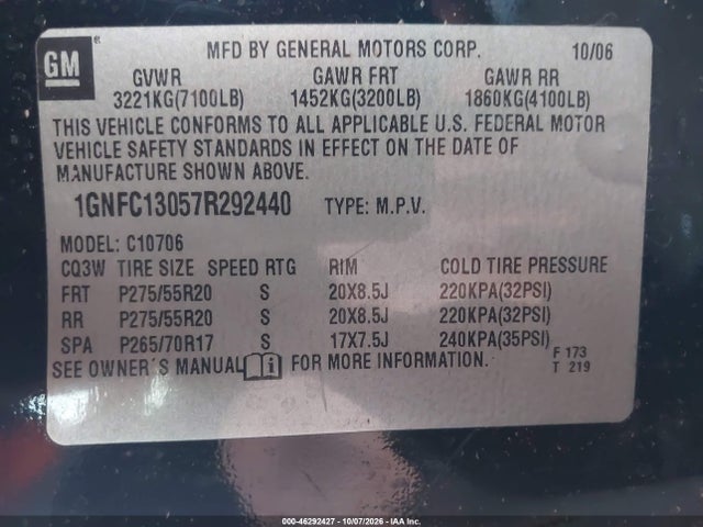 Aukcja sprzedaży 2007 Chevrolet Tahoe Ltz, vin: 1GNFC13057R292440, numer aukcji: 46292427