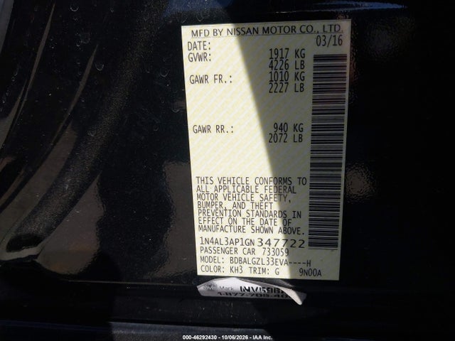 Aukcja sprzedaży 2016 Nissan Altima 2.5 S, vin: 1N4AL3AP1GN347722, numer aukcji: 46292430