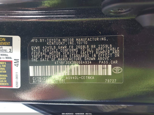 46292432 :رقم المزاد ، 4T1BF3EK3BU664934 vin ، 2011 Toyota Camry مزاد بيع