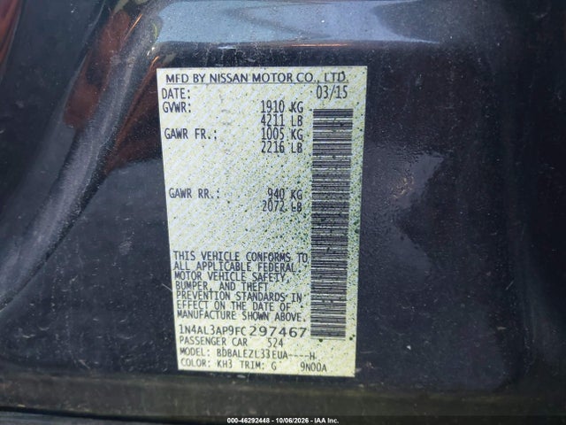 Продажа на аукционе авто 2015 Nissan Altima 2.5 S, vin: 1N4AL3AP9FC297467, номер лота: 46292448