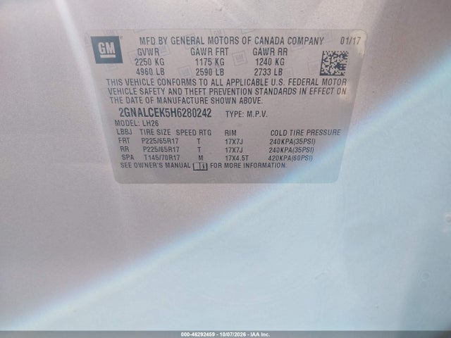 Продаж на аукціоні авто 2017 Chevrolet Equinox Lt, vin: 2GNALCEK5H6280242, номер лоту: 46292459