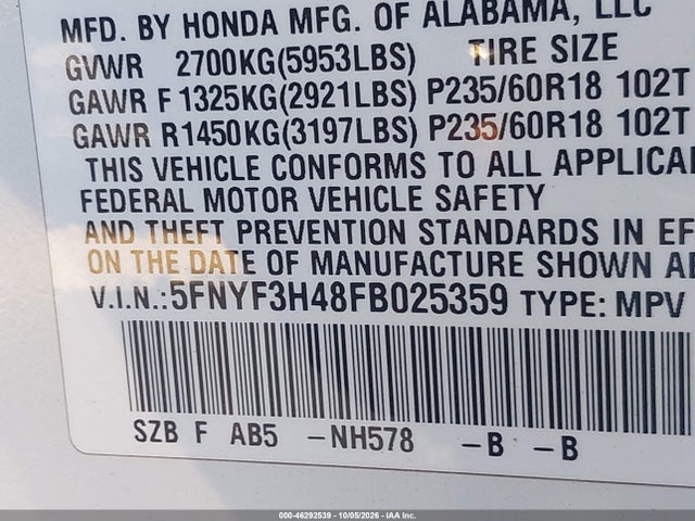 Honda Pilot Ex 2015 5FNYF3H48FB025359 Image 9