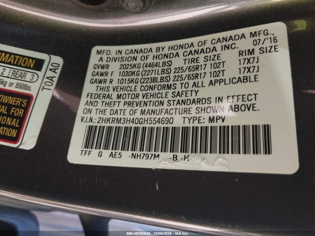 46292548 :رقم المزاد ، 2HKRM3H40GH554690 vin ، 2016 Honda Cr-v Se مزاد بيع