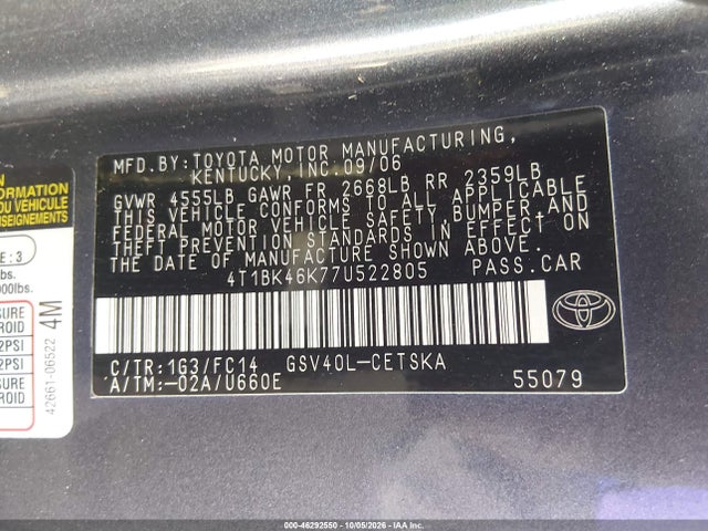 46292550 :رقم المزاد ، 4T1BK46K77U522805 vin ، 2007 Toyota Camry Se V6 مزاد بيع