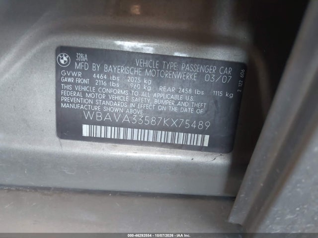 Продаж на аукціоні авто 2007 Bmw 328i, vin: WBAVA33587KX75489, номер лоту: 46292554