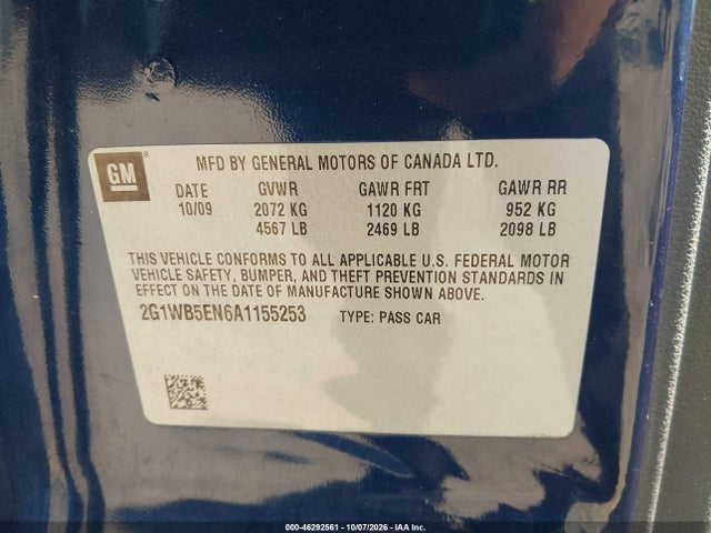 46292561 :رقم المزاد ، 2G1WB5EN6A1155253 vin ، 2010 Chevrolet Impala Lt مزاد بيع