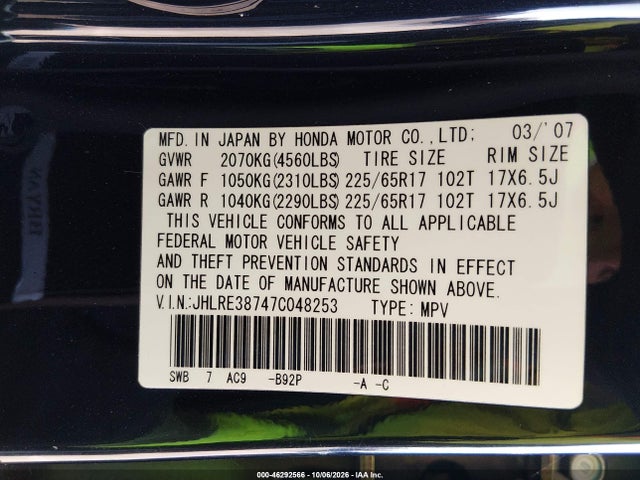 Aukcja sprzedaży 2007 Honda Cr-v Ex-l, vin: JHLRE38747C048253, numer aukcji: 46292566