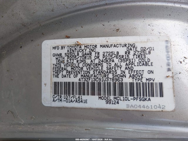 Продаж на аукціоні авто 2001 Toyota Sienna Le/xle, vin: 4T3zf13C91U378963, номер лоту: 46292567