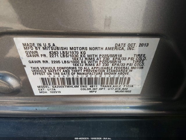 2014 Mitsubishi Outlander Sport Es მანქანა იყიდება აუქციონზე, vin: 4A4AP3AU0EE014289, აუქციონის ნომერი: 46292576